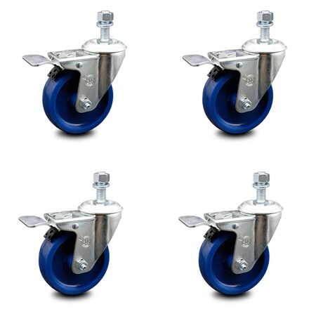 4 Inch Solid Polyurethane Swivel 3/8 Inch Stem Caster Set With Total Lock Brake